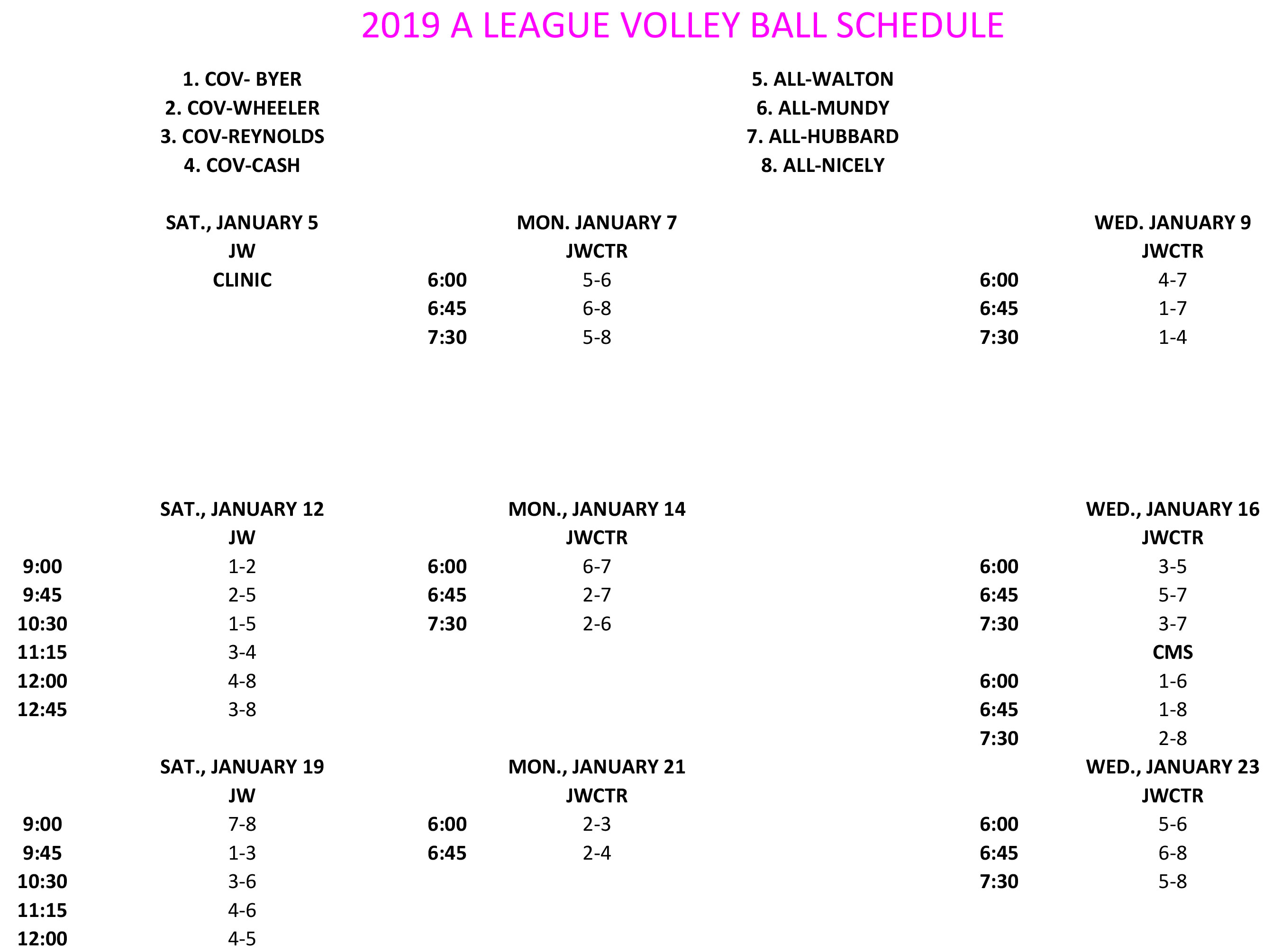 2019 A LEAGUE VOLLEYBALL SCHEDULE 1