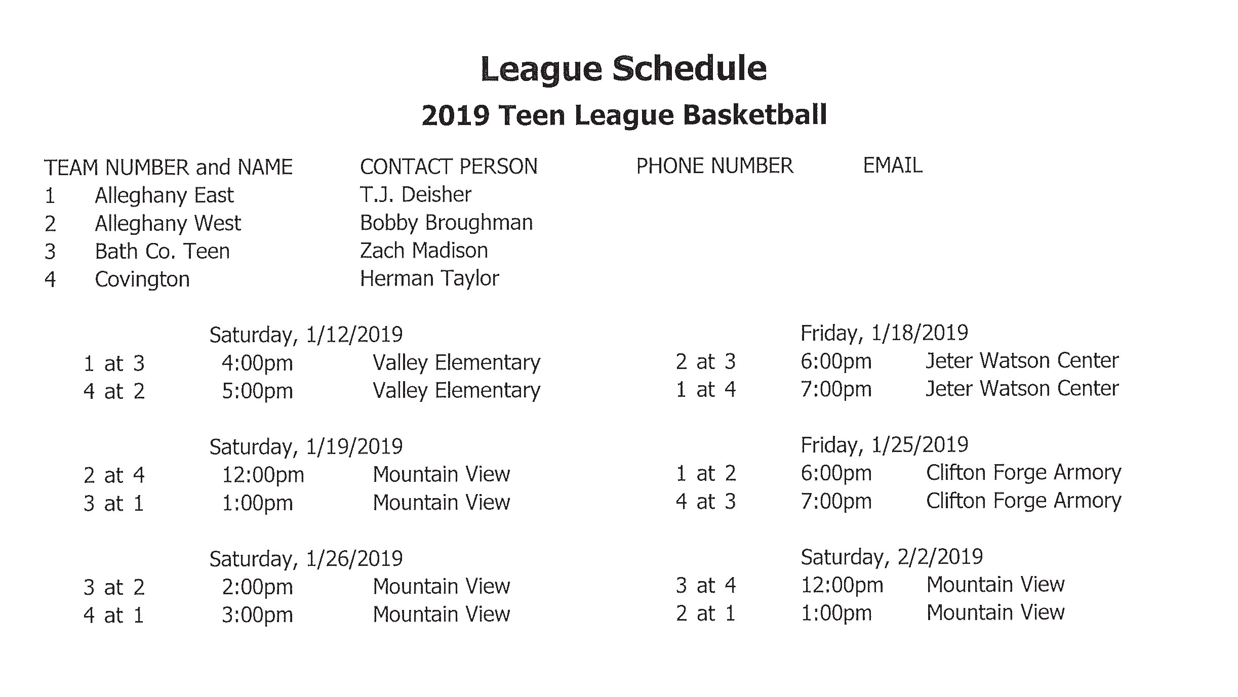 2019 Teen Basketball Schedule